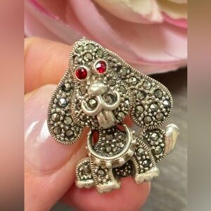 Rare Marcasite Dog Brooch with Red Crystal Eyes, 925 Silver
